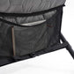 Close-up of a gray quilted bag with a black mesh pocket on a white background