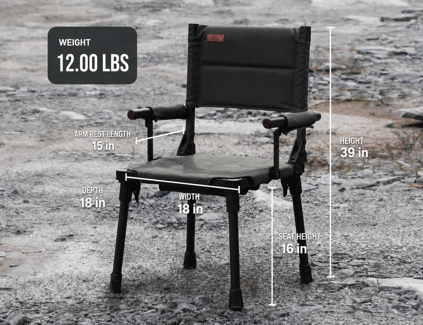 Black camping chair with measurements and weight displayed on a rocky ground.