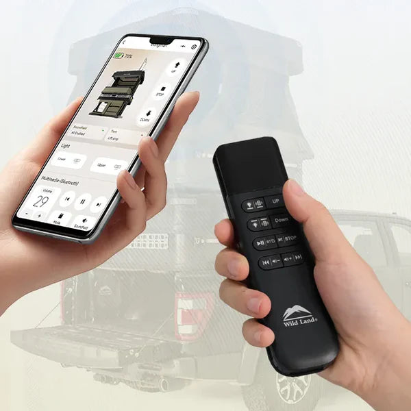 Hand holding a smartphone with an app interface and a remote control with 'Wild Lands' branding, with a blurred car in the background.