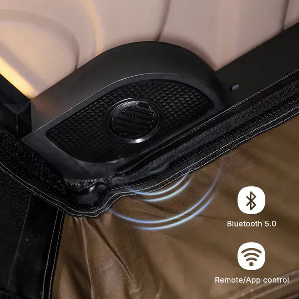 Car interior with a mounted device featuring Bluetooth 5.0 and remote/app control icons.