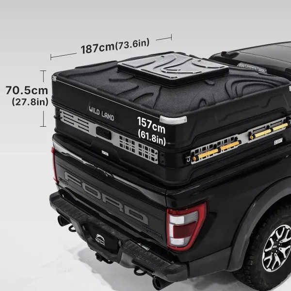 Black truck bed with storage box labeled 'Wild Land' and measurements on a gray background