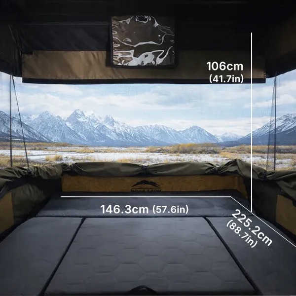 Camping tent interior with measurements and mountain view