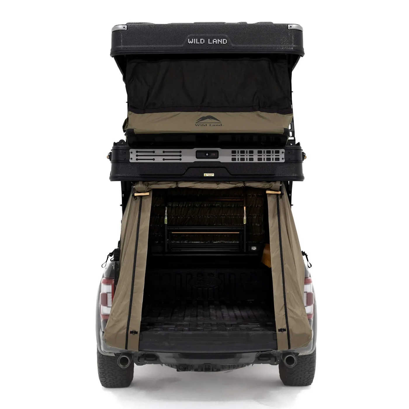 Back of a vehicle with a rooftop tent labeled 'Wild Land' on a white background