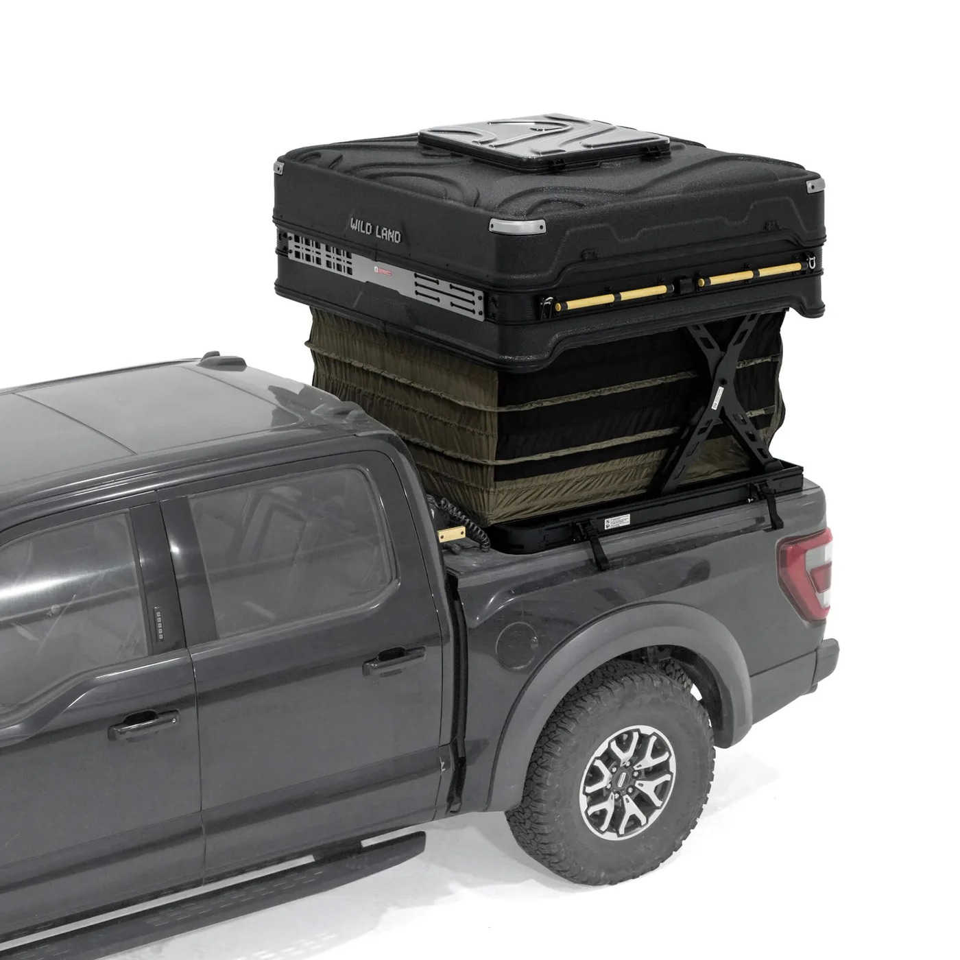 Black truck bed storage system on a gray truck with a white background