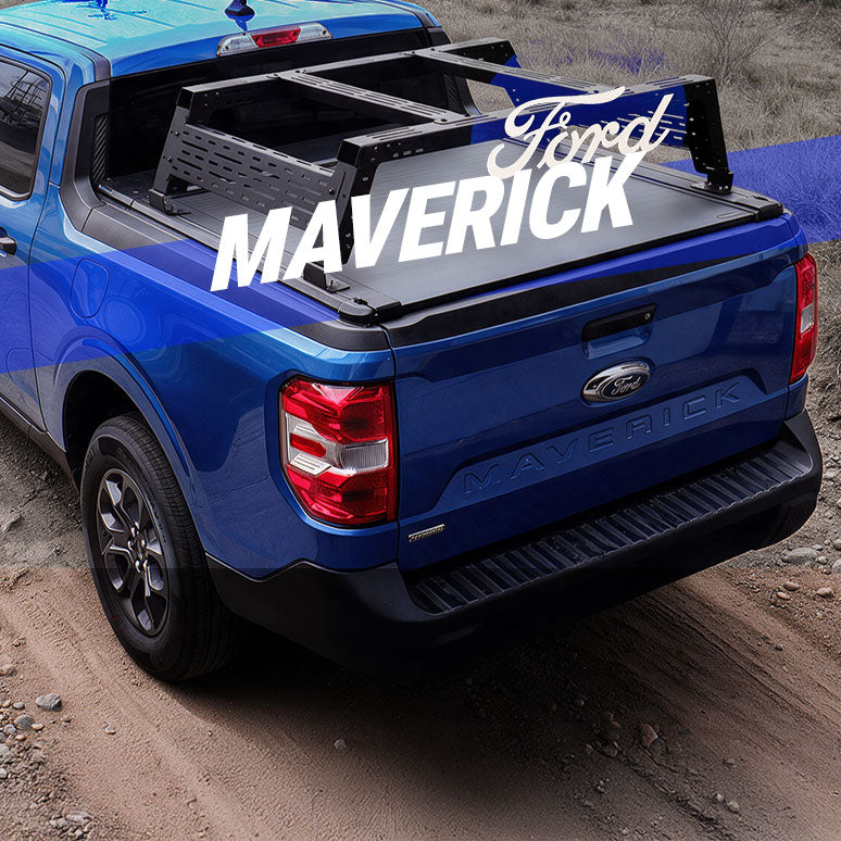 A blue Ford Ranger pickup truck on a dirt road, showing the rear and side with a black Maverick branded tonneau cover installed over the bed. Large white 'MAVERICK' text and a smaller 'Ford' script logo are overlaid on the image.