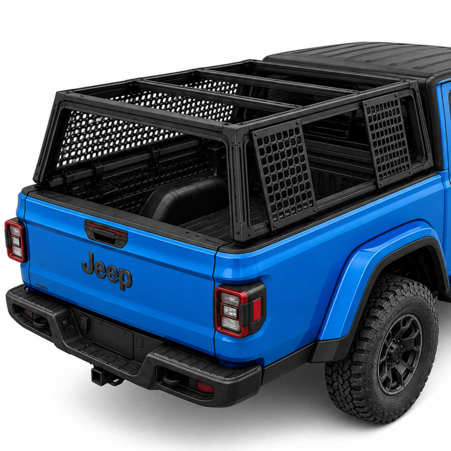 A modular cap system installed over the bed of a bright blue Jeep, shown from a rear three-quarter angle on a white studio background brand syneticusa.