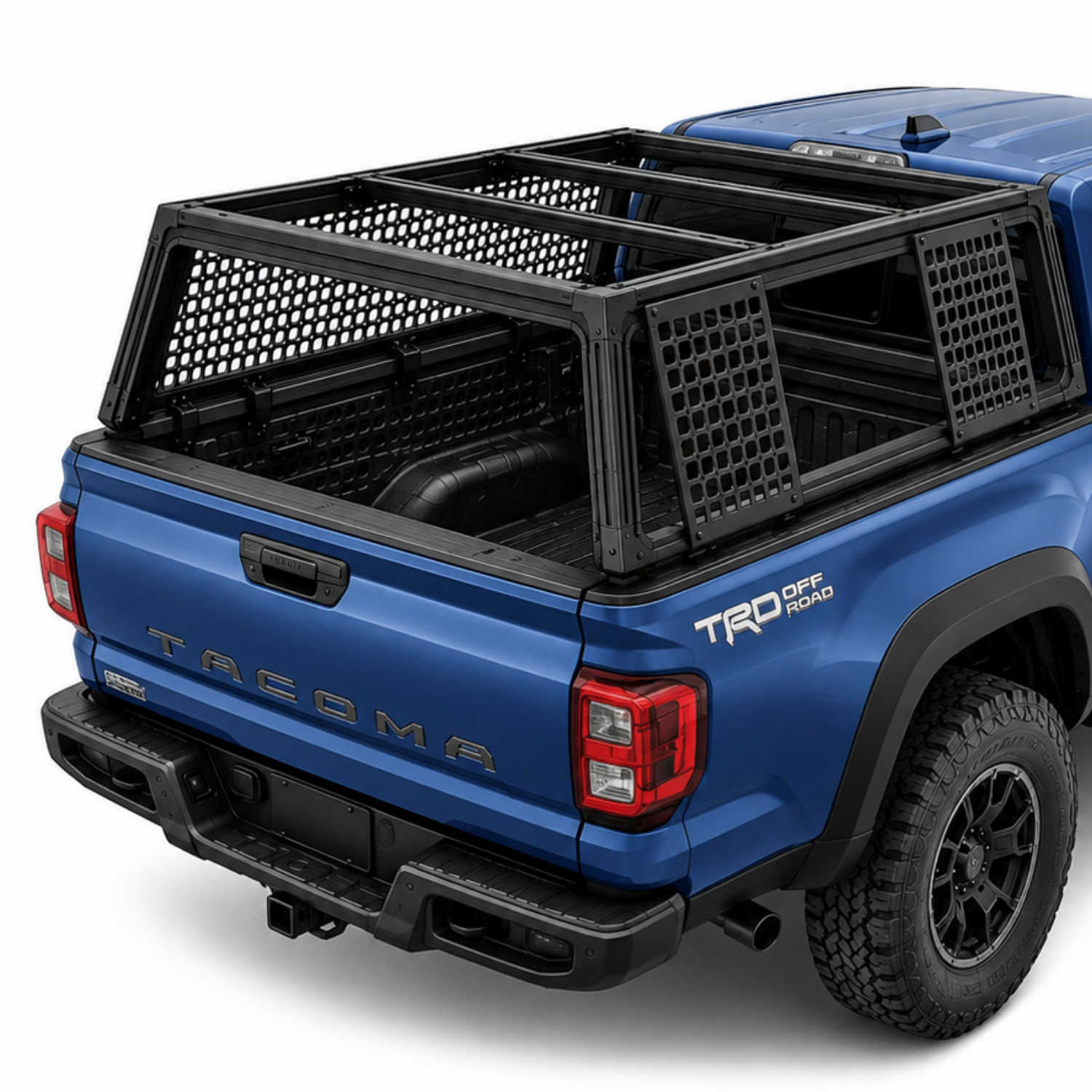 A blue Tacoma pickup truck shown from the rear three-quarter angle, fitted with a black flex modular cap, basecamp and side racks on a clean white studio background brand syneticusa