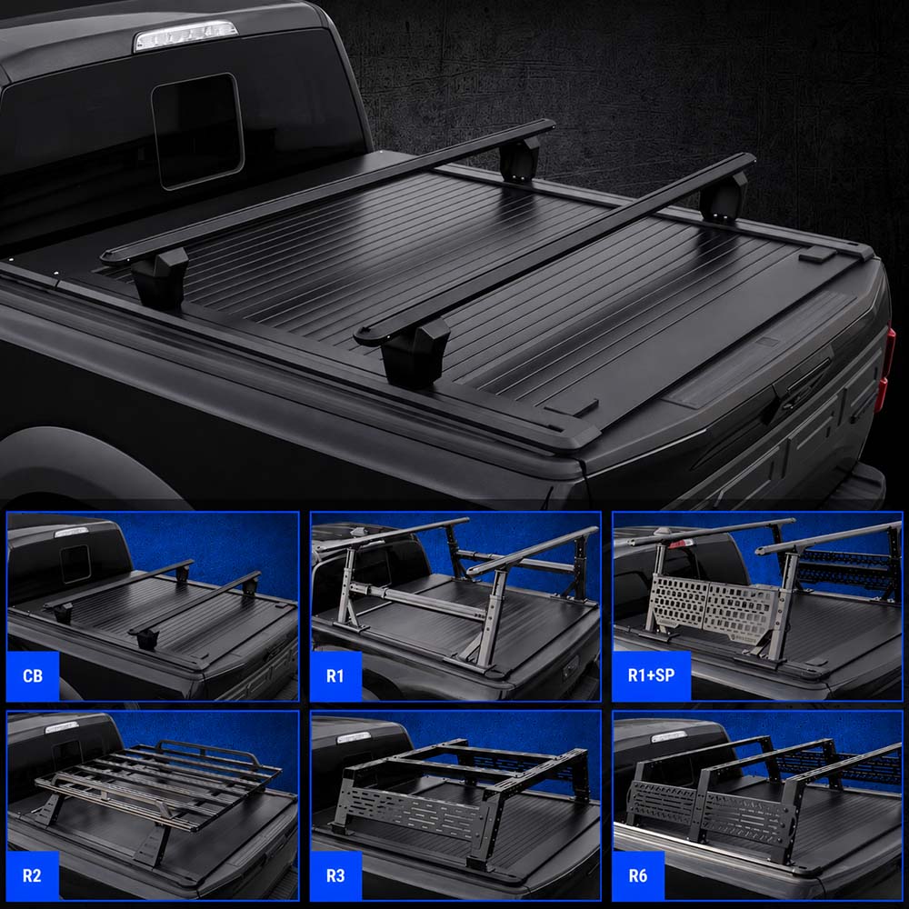 Black tonneau cover on a black F150 Raptor truck bed with roof rack bars, shown on a dark textured background, with nine smaller inset views at the bottom showing different cover styles labeled C8, R1, R2, R3, R5, R6, and R9.