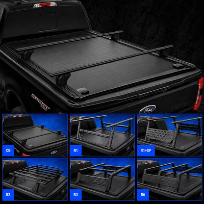 stealth black truck bed cover installed on the bed of a dark gray Ford F-250 pickup truck, shown from the rear. The main image shows the cover closed, with nine smaller inset thumbnails along the bottom displaying different side and angle views of the cover labeled C8, R1 through R6, and R9.