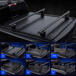 Black retractable truck bed cover installed on the bed of a black RAM truck, shown from the rear three-quarter angle. The main image shows the cover closed, while a row of smaller inset diagrams at the bottom illustrates different mounting configurations labeled C8, R1, R2, R3, R5, R6, and R9.