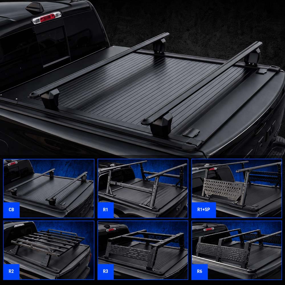 Black retractable truck bed cover installed on the bed of a black RAM truck, shown from the rear three-quarter angle. The main image shows the cover closed, while a row of smaller inset diagrams at the bottom illustrates different mounting configurations labeled C8, R1, R2, R3, R5, R6, and R9.