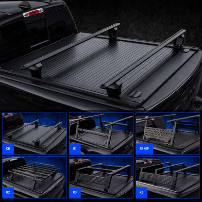 Black retractable truck bed cover installed on the bed of a black RAM truck, shown from the rear three-quarter angle. The main image shows the cover closed, while a row of smaller inset diagrams at the bottom illustrates different mounting configurations labeled C8, R1, R2, R3, R5, R6, and R9.