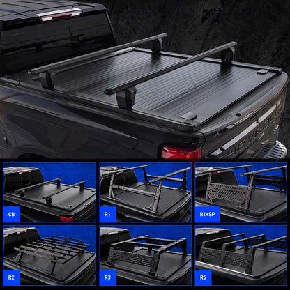 stealth black truck bed cover with crossbar shown installed on the Silverado 1500 pickup truck, with nine smaller inset diagrams at the bottom showing different rail configurations labeled C8, R1, R2, R3, R5, R6, and R9.