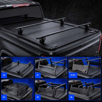stealth black truck bed tonneau cover with crossbar shown installed on a black Silverado 2500 pickup truck, with nine smaller inset detail views along the bottom showing different cover styles labeled C8, R1, R2, R3, R5, R6, and R9.