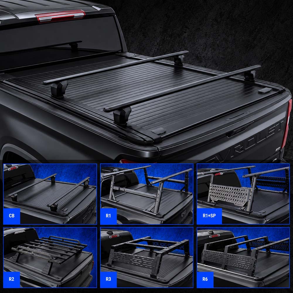 stealth black truck bed tonneau cover with crossbar shown installed on a black Silverado 2500 pickup truck, with nine smaller inset detail views along the bottom showing different cover styles labeled C8, R1, R2, R3, R5, R6, and R9.