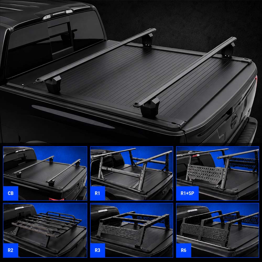 stealth black tonneau cover with crossbar, shown installed on the black Nissan Titan truck. The image includes a dark textured background and a row of smaller inset thumbnails at the bottom showing different rail configurations labeled C8, R1, R2, R3, R5, R6, and R9.
