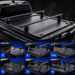 stealth Black tonneau cover with crossbar installed on the bed Toyota Tundra truck, shown from the rear. The main image is a large product demonstration, with nine smaller inset diagrams along the bottom showing different cover styles labeled CB, R1, R2, R3, R5, R6, and R9.