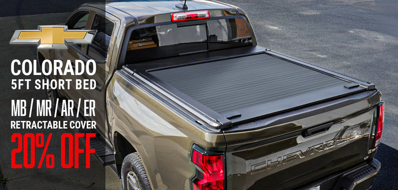 Chevrolet Colorado truck with a retractable cover on a road background, featuring promotional text.