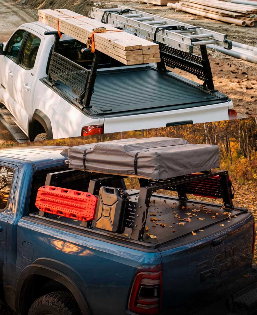 A black truck bed cover with rack system shown mounted on two pickup trucks in outdoor construction settings. The top view shows the rack with wooden boards and a ladder strapped to the bed of a white pickup truck, while the bottom view shows the rack on the bed of a blue Ram pickup truck with a gray folded camping setup.