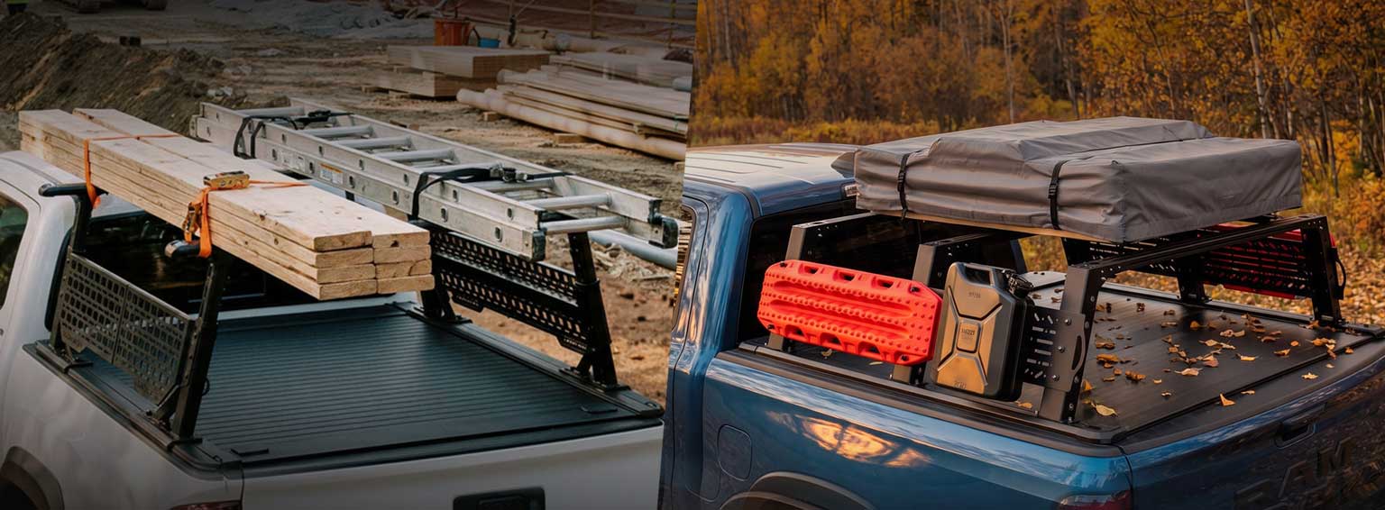 A split-screen comparison showing a black truck bed cover installed on two pickup trucks. The left side shows a white truck in a lumber yard, and the right side shows a blue truck in an autumn forest setting, both with the cover deployed in the bed.