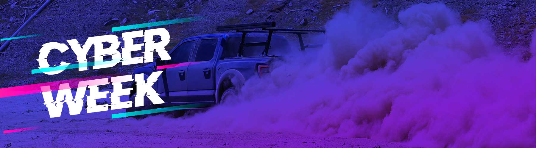 Text 'CYBER WEEK' with a car and snow in the background, featuring a neon sign style.