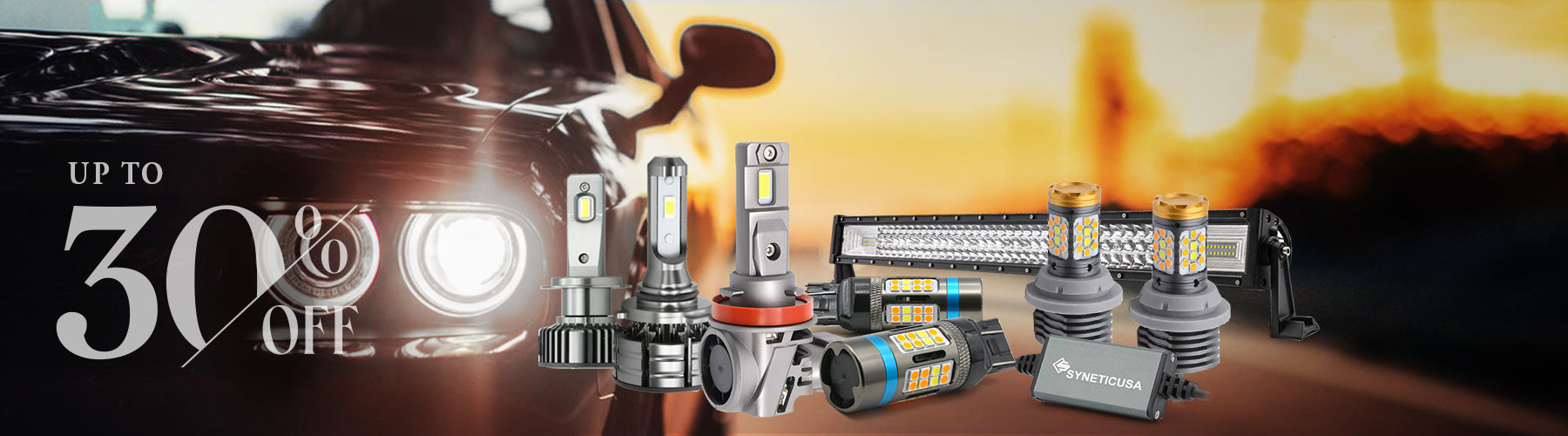 Car headlights with LED bulbs on a blurred road background, featuring a promotional offer.