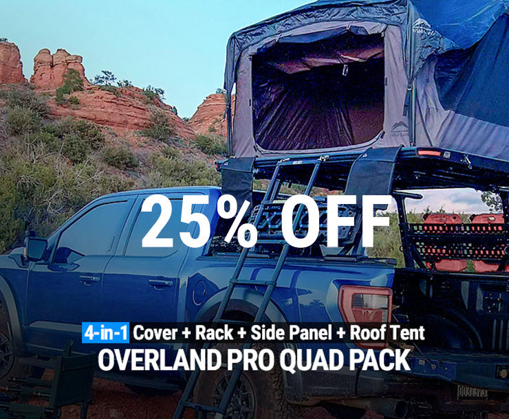 Blue truck with a roof tent in a desert setting, featuring a promotional offer for an overland pro quad pack.