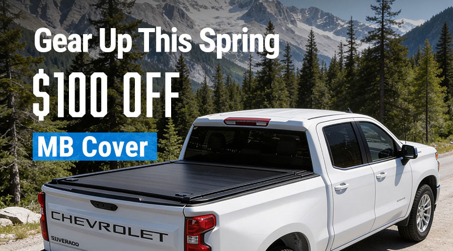 White Chevrolet truck with a tonneau cover in a forest setting, promotional text overlay.