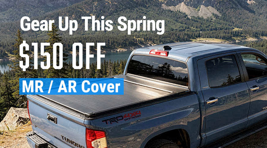 Blue truck with a tonneau cover in a scenic outdoor setting, promotional text overlay.