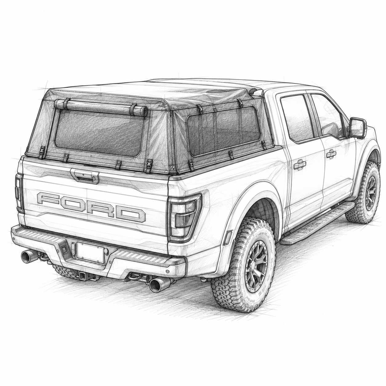 Pencil sketch of a Ford truck with a FMC soft camper shell on a white background