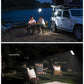 Top: Couple camping by a lake at night with a vehicle and roof tent. Bottom: Outdoor seating area with chairs and a blanket on grass.