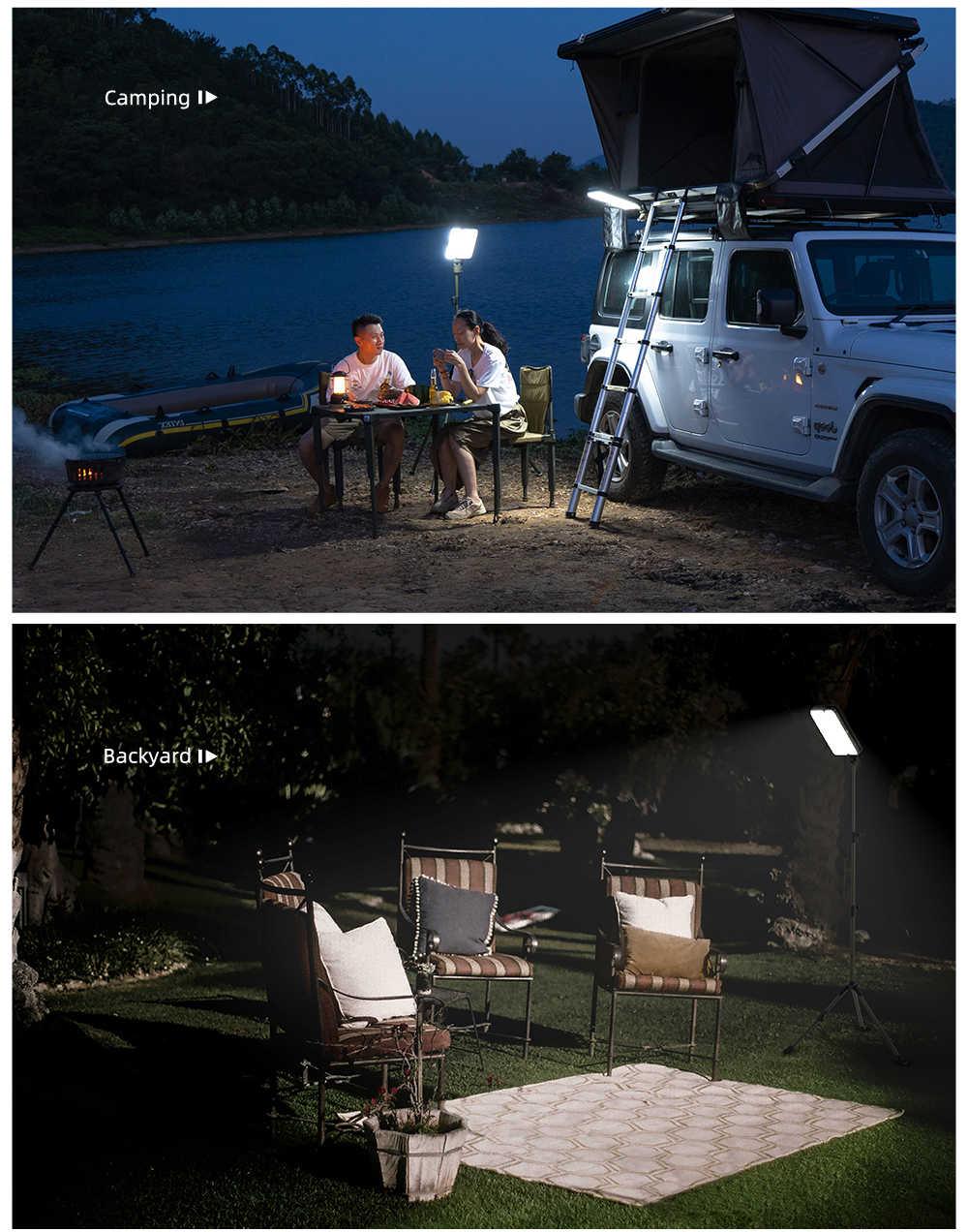 Top: Couple camping by a lake at night with a vehicle and roof tent. Bottom: Outdoor seating area with chairs and a blanket on grass.