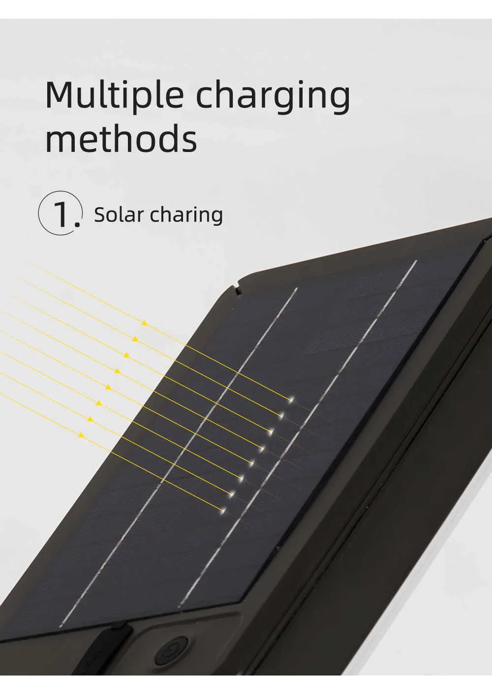 Solar panel with text indicating multiple charging methods, focusing on solar charging.