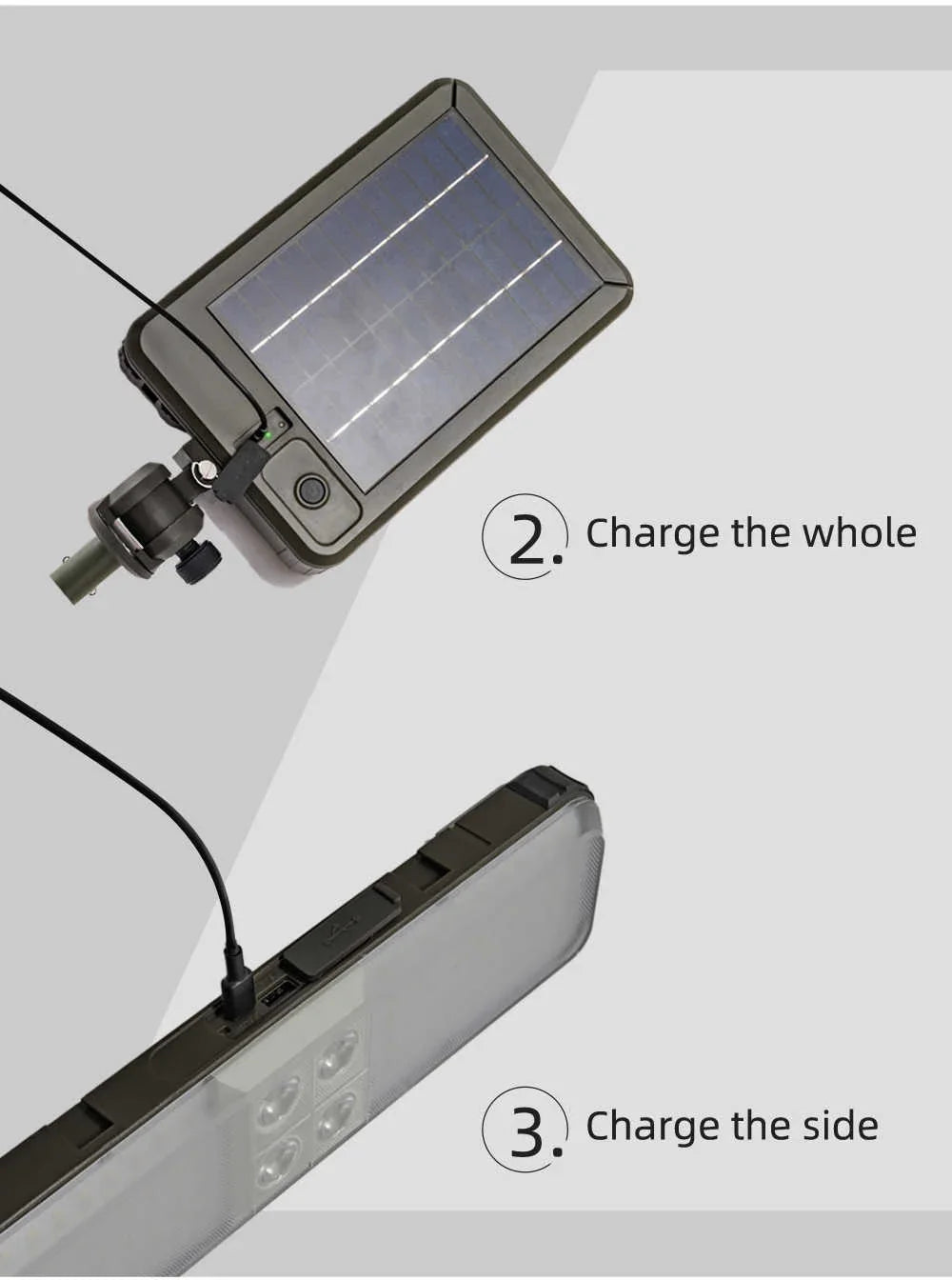 Solar panel charging a portable light on a gray background