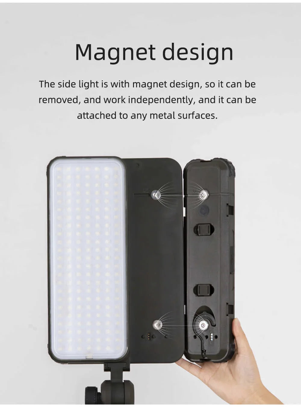 Side light with magnet design held by a hand on a gray background