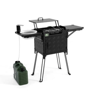 Close up view of portable camping stove with multiple burners on a white background