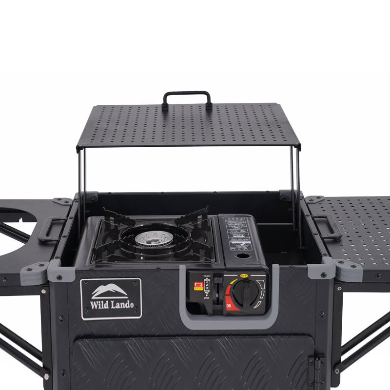 Black camping stove with a control panel andWild Lande logo on a white background