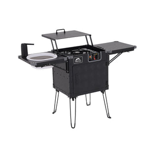 Black camping stove with cooktop and storage compartments on a white background