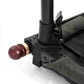 Close-up of a folding chair or bench leg assembly with a black metal frame, green fabric sling, and a dark reddish-brown wooden ball finial on a white background.
