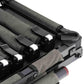 Close-up of a black metal and green fabric storage organizer with multiple.  