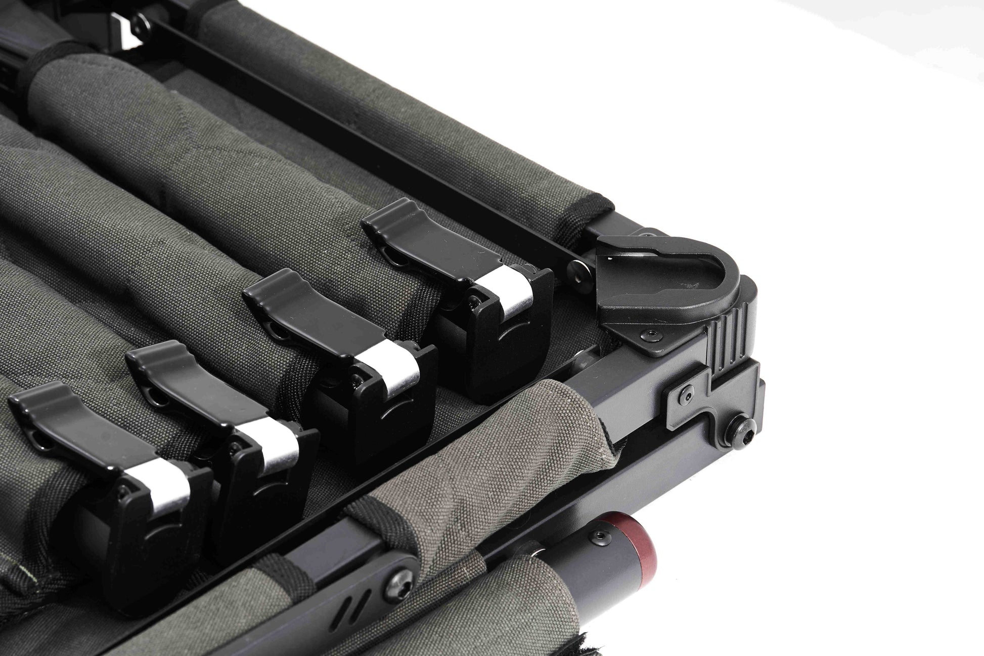 Black and gray tool case with multiple compartments on a white background