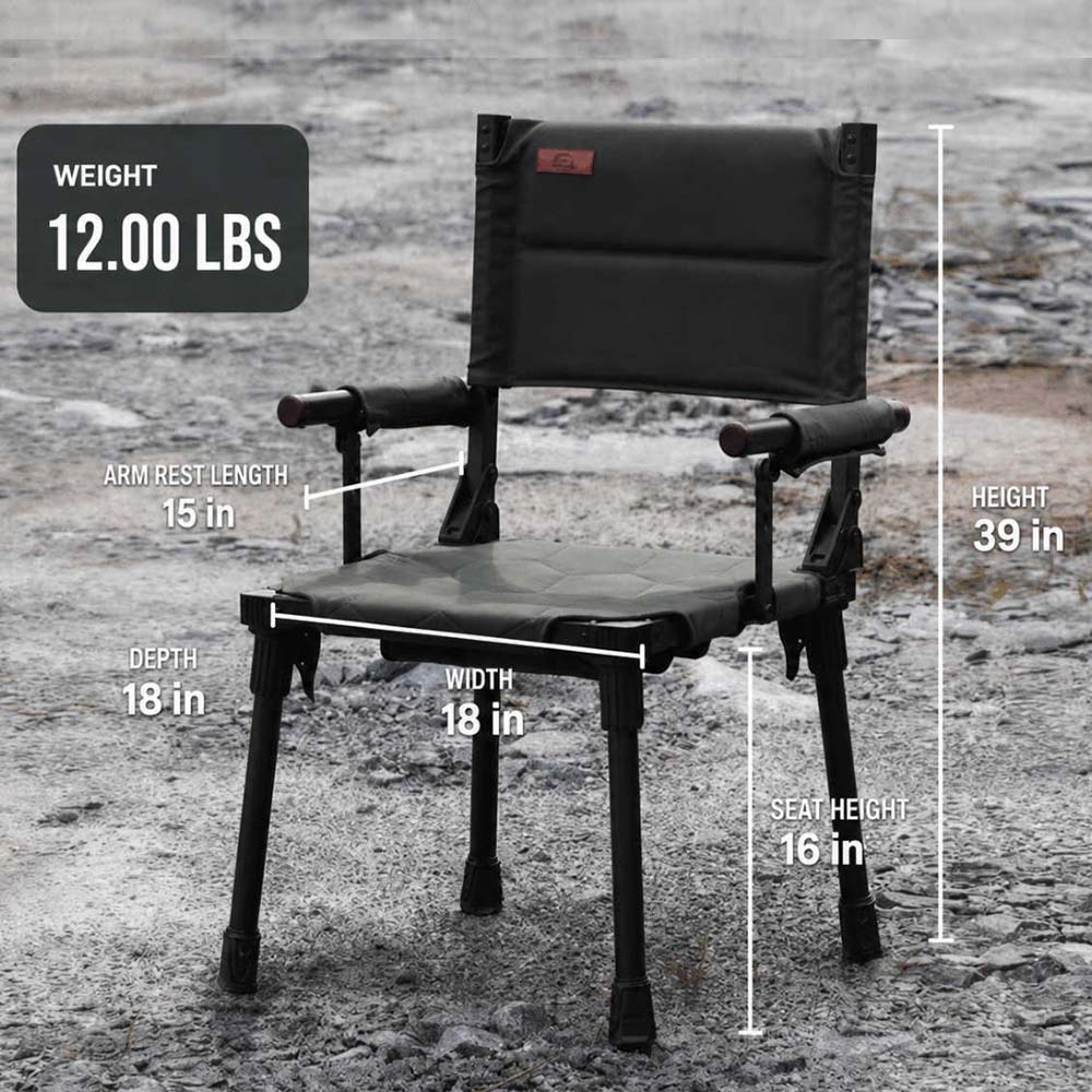 Green folding camp chair shown outdoors on a rocky ground with overlaid dimension labels and a weight badge reading 12.00 LBS.