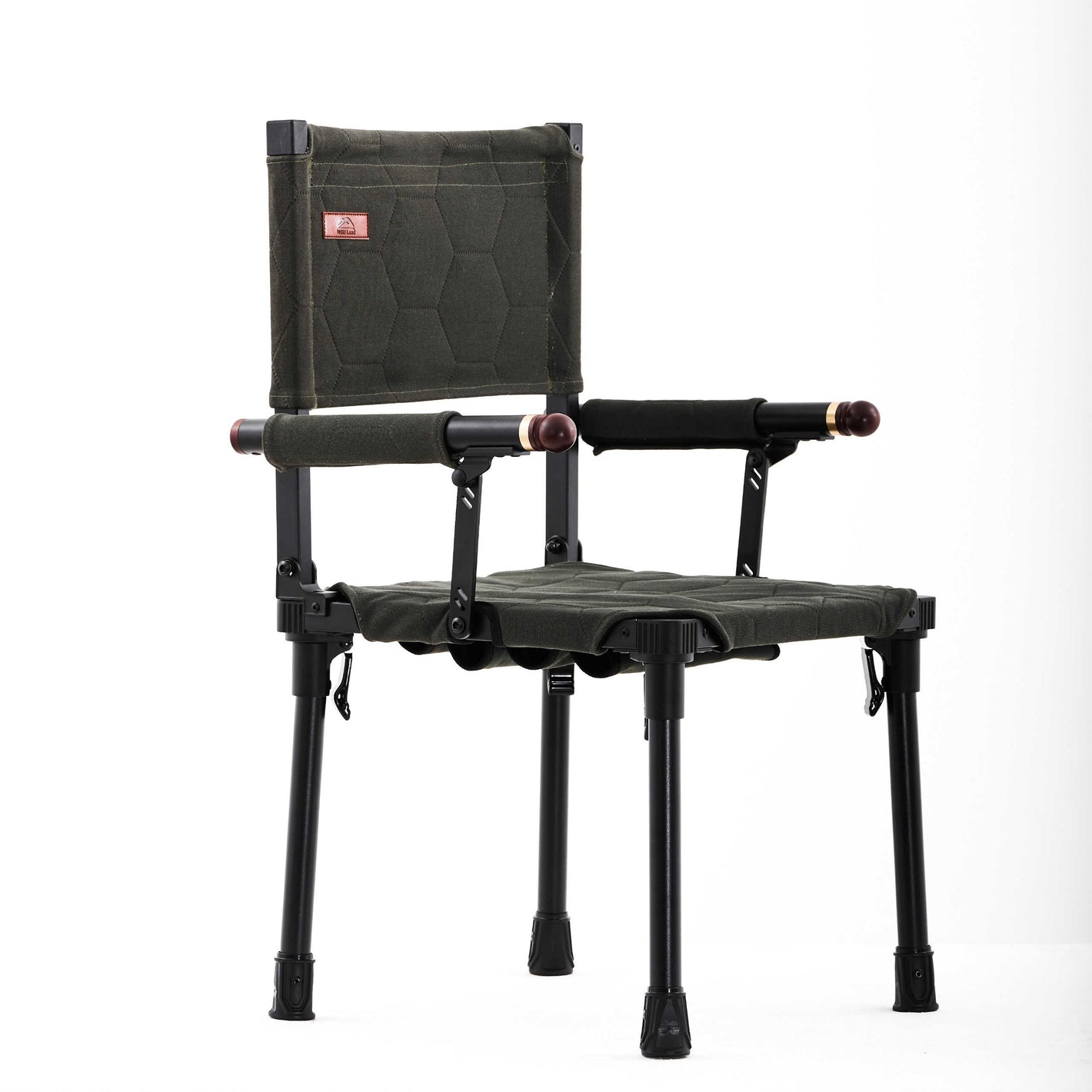 Black and green hunting chair with adjustable armrests on a white background