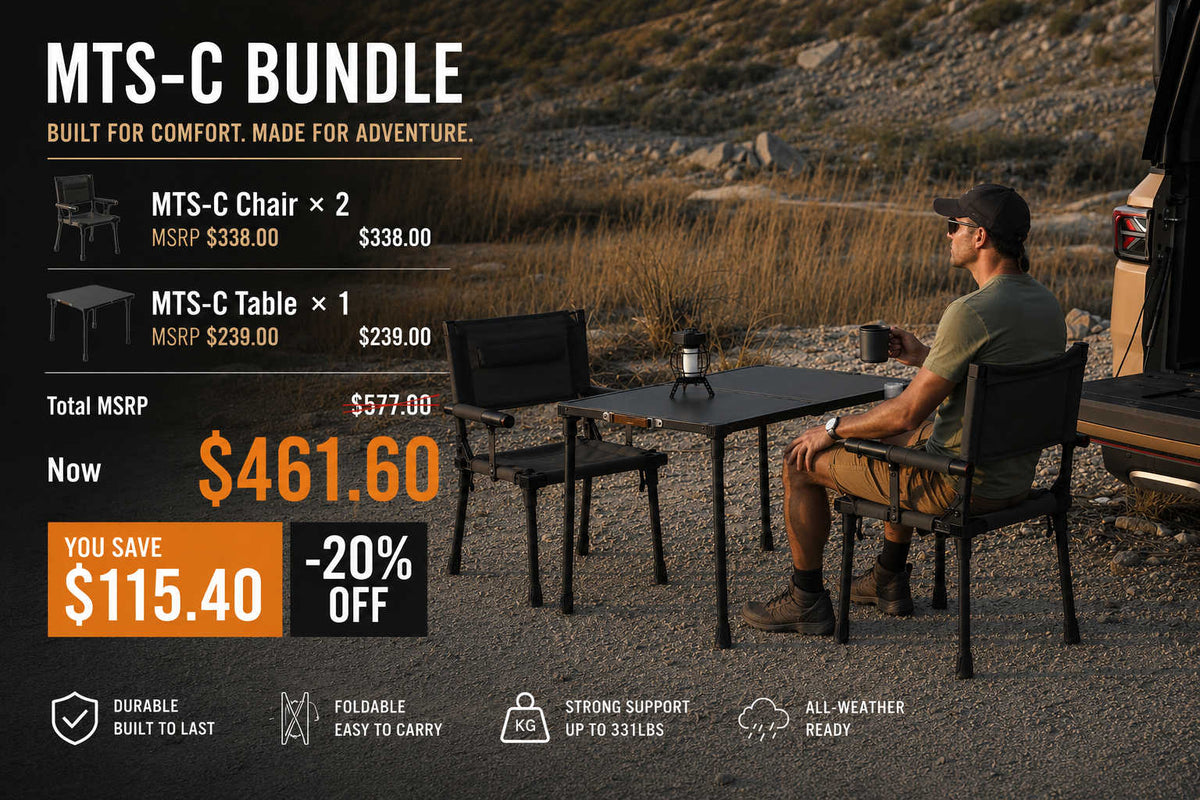 Man sitting at a table outdoors with MTS-C Bundle furniture displayed on screen