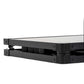 Folded metal table with perforated tabletop and black frame.