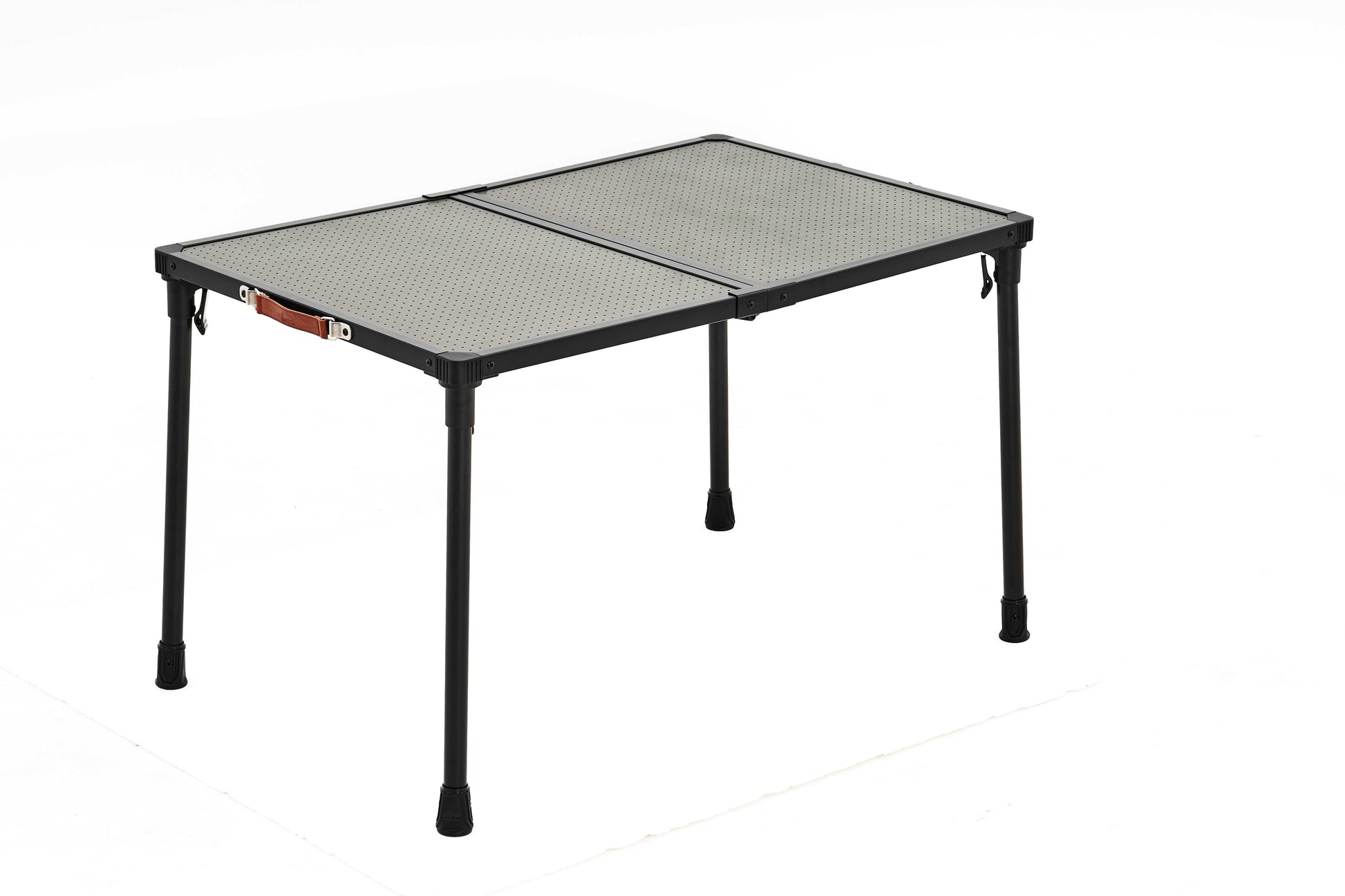 Portable folding table with mesh top on a white background