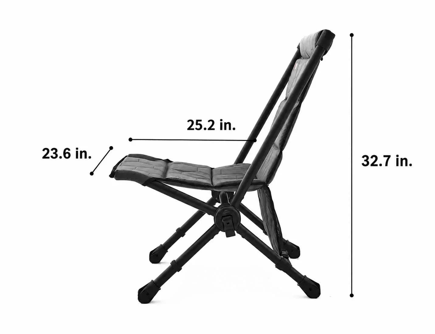 Foldable chair with dimensions labeled on a white background