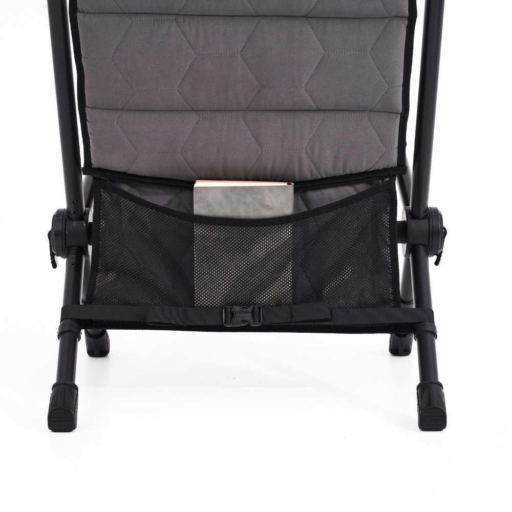 Backrest of a recliner chair with geometric pattern and storage pocket on a white background