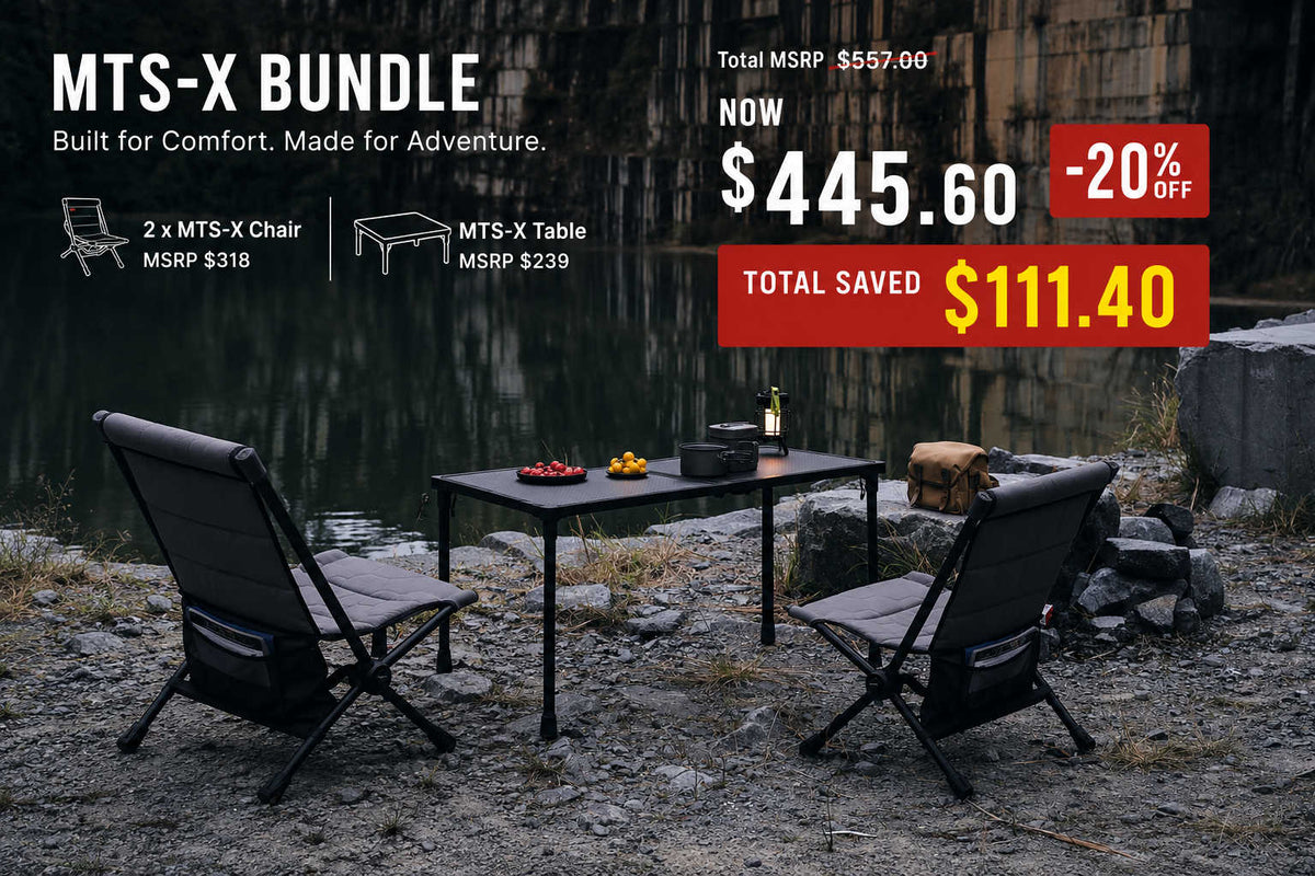 MTS-X Bundle with two chairs and a table by a lake, showing price reduction.