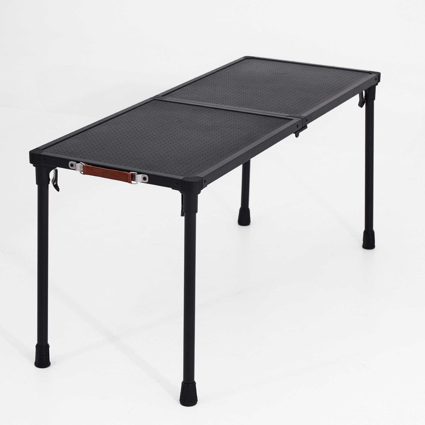 Black adjustable folding table on a white background
